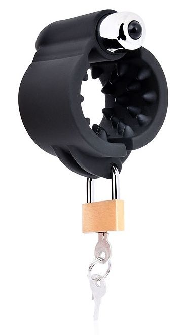 Черная эрекционная вибронасадка на пенис с ключиком