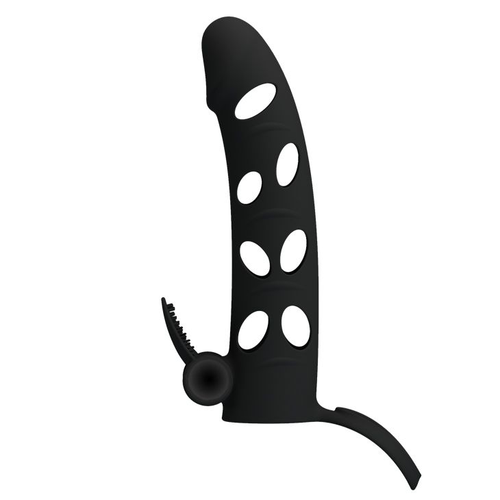 Чёрная закрытая насадка на пенис с вибрацией - 15,2 см.