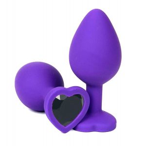 Фиолетовая силиконовая анальная пробка с черным стразом-сердцем - 8 см.