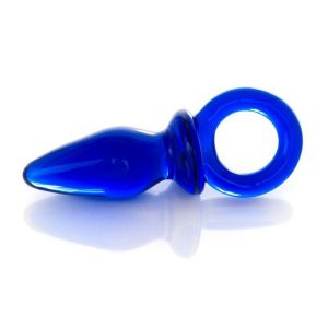Синяя анальная пробка из стекла с ручкой-кольцом - 7 см.