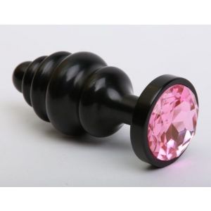 Чёрная ребристая анальная пробка с розовым кристаллом - 7,3 см.
