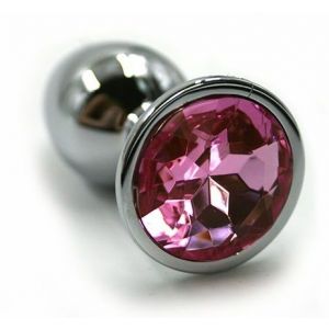 Серебристая алюминиевая анальная пробка с светло-розовым кристаллом - 7 см.